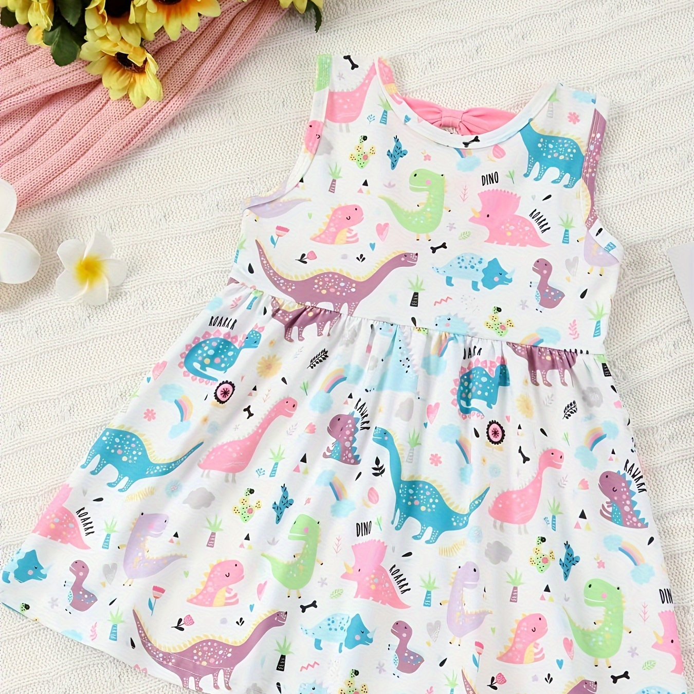 

Baby Girls Cute Dress, Cute Cartoon Dinosaur Print Bow Back Dress