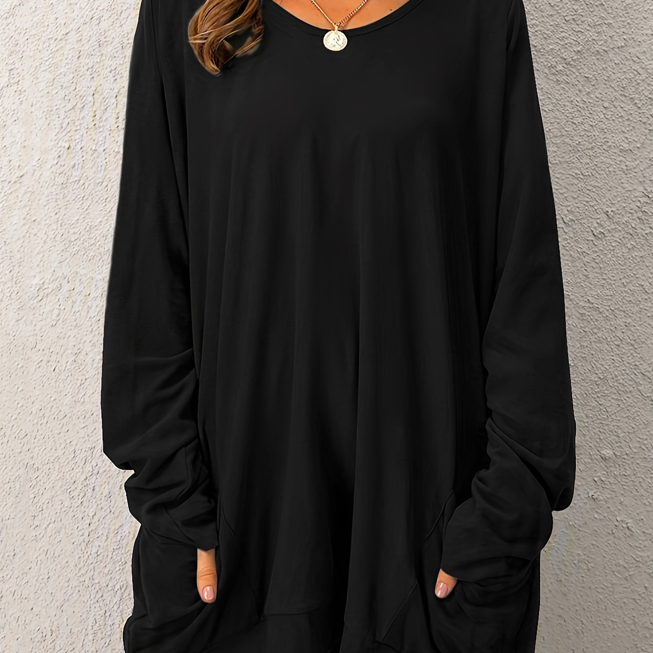 

Women's Casual Black Long Sleeve T-shirt With Pockets - Relaxed Fit, Round Neck, Polyester , Machine Washable - Fall