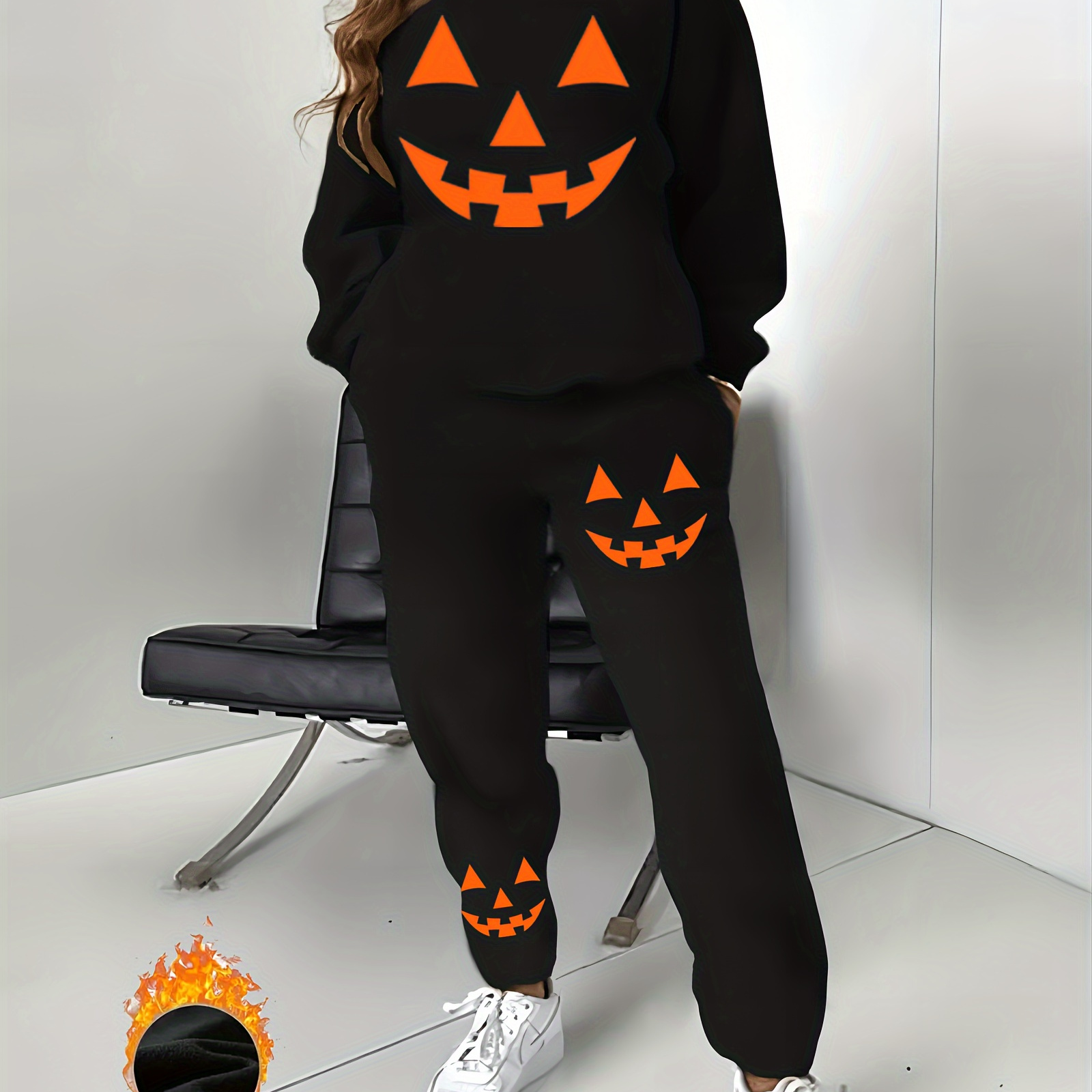 

Women's Pumpkin Print Sweatshirt And Pants Set, Casual Round Neck Long Sleeve Pullover Top With Matching Joggers, Polyester Knit, Fashion Outfit