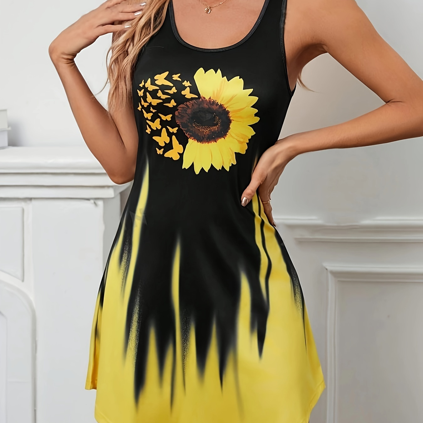 

Sunflower Print Crew Neck Tank Dress, Casual Sleeveless Dress For Spring & Summer, Women's Clothing