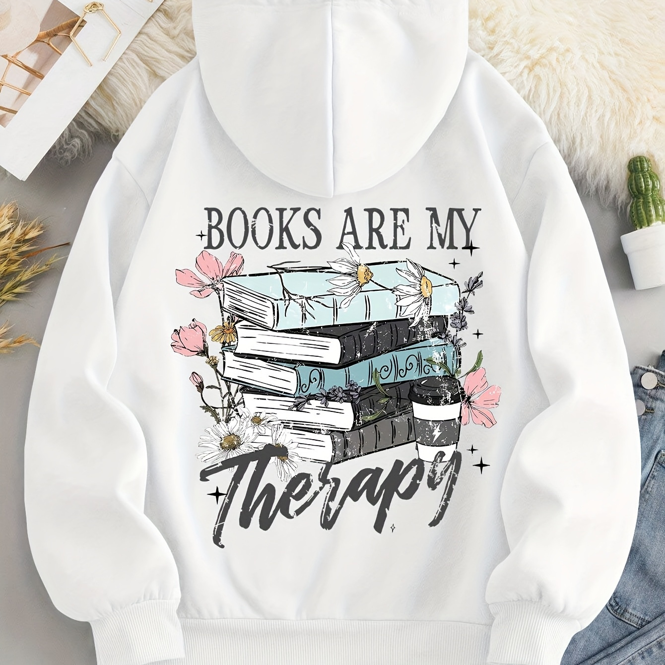 

Cozy Floral Book Print Hoodie For Women - Casual Drawstring Pullover With Kangaroo Pocket, Fall & Winter