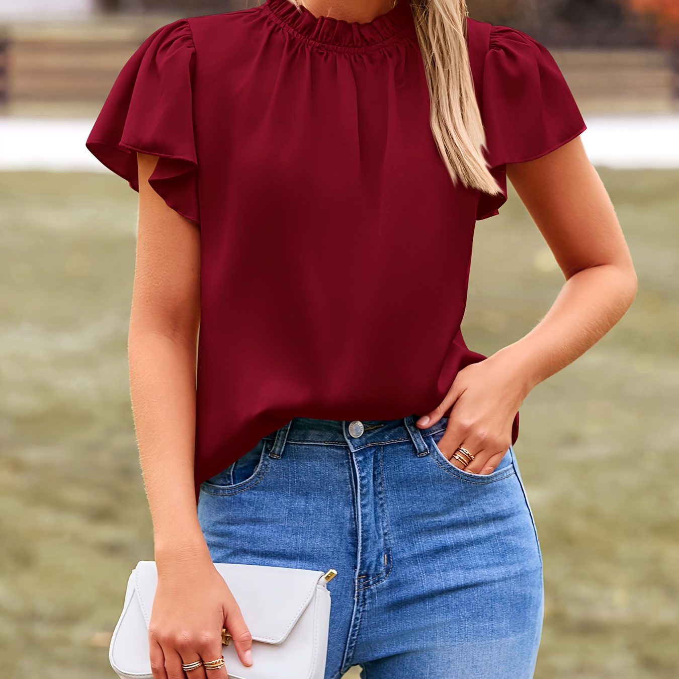 

Solid Color Sleeve Blouse, Elegant Mock Neck Simple Blouse For , Women's Clothing