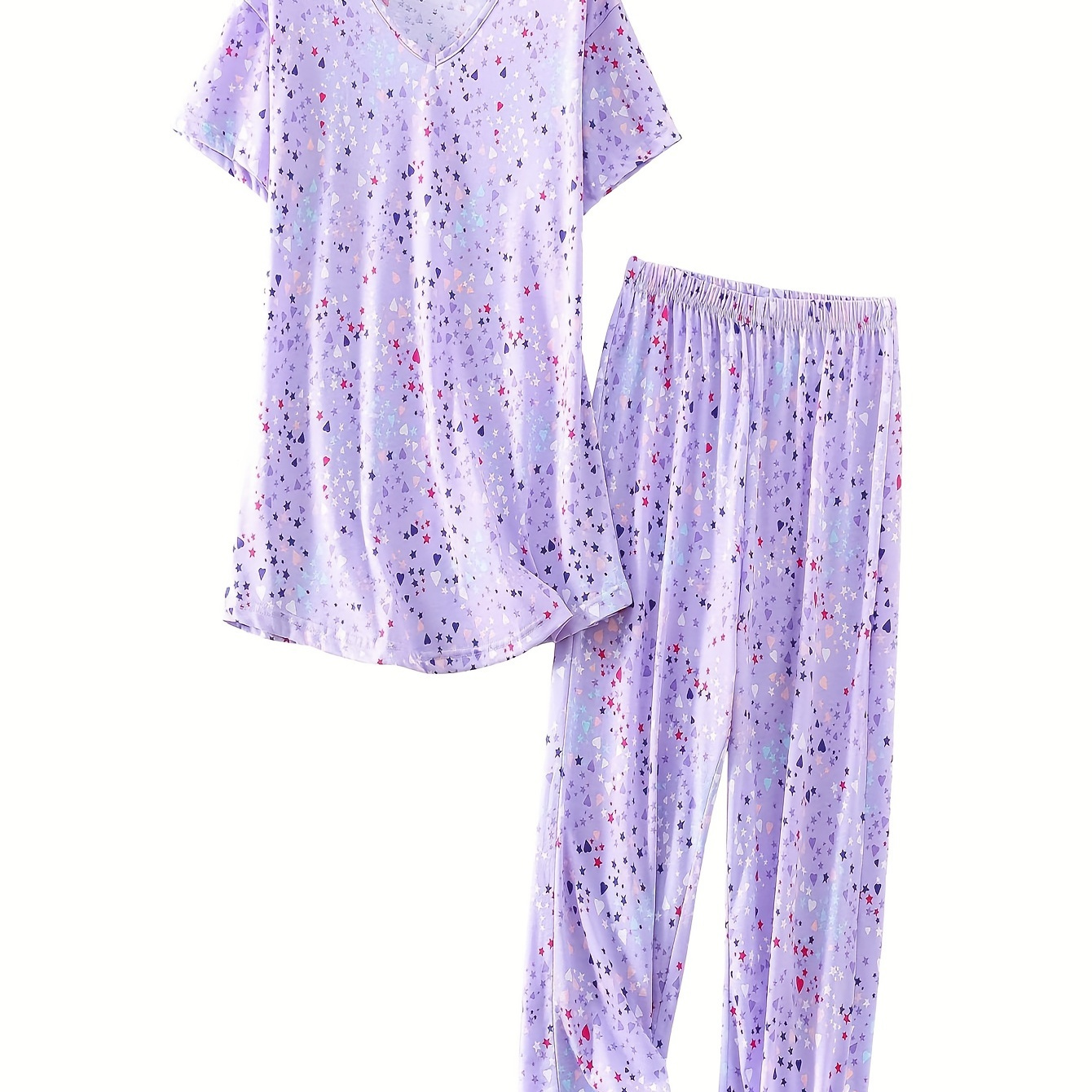

Women's Pajama Set, Casual Summer Sleepwear, Short Sleeve Top With Capri Pants, Star Print Loungewear Pjs
