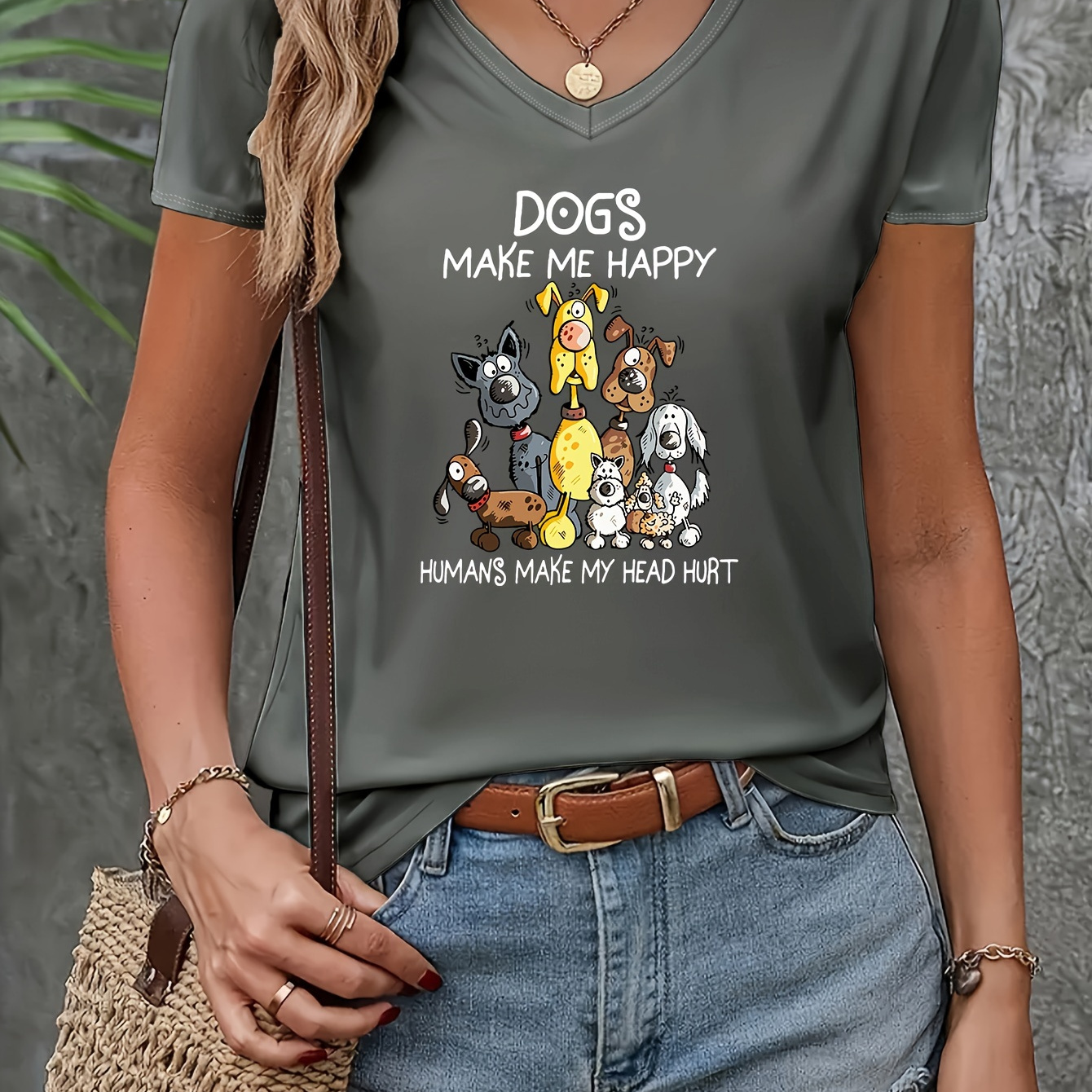 

Women's Casual V-neck Short Sleeve T-shirt, Cute Animal Graphic Print, Funny Lettering "dogs Make Me Happy" Summer Tee, Athleticlounge Wear