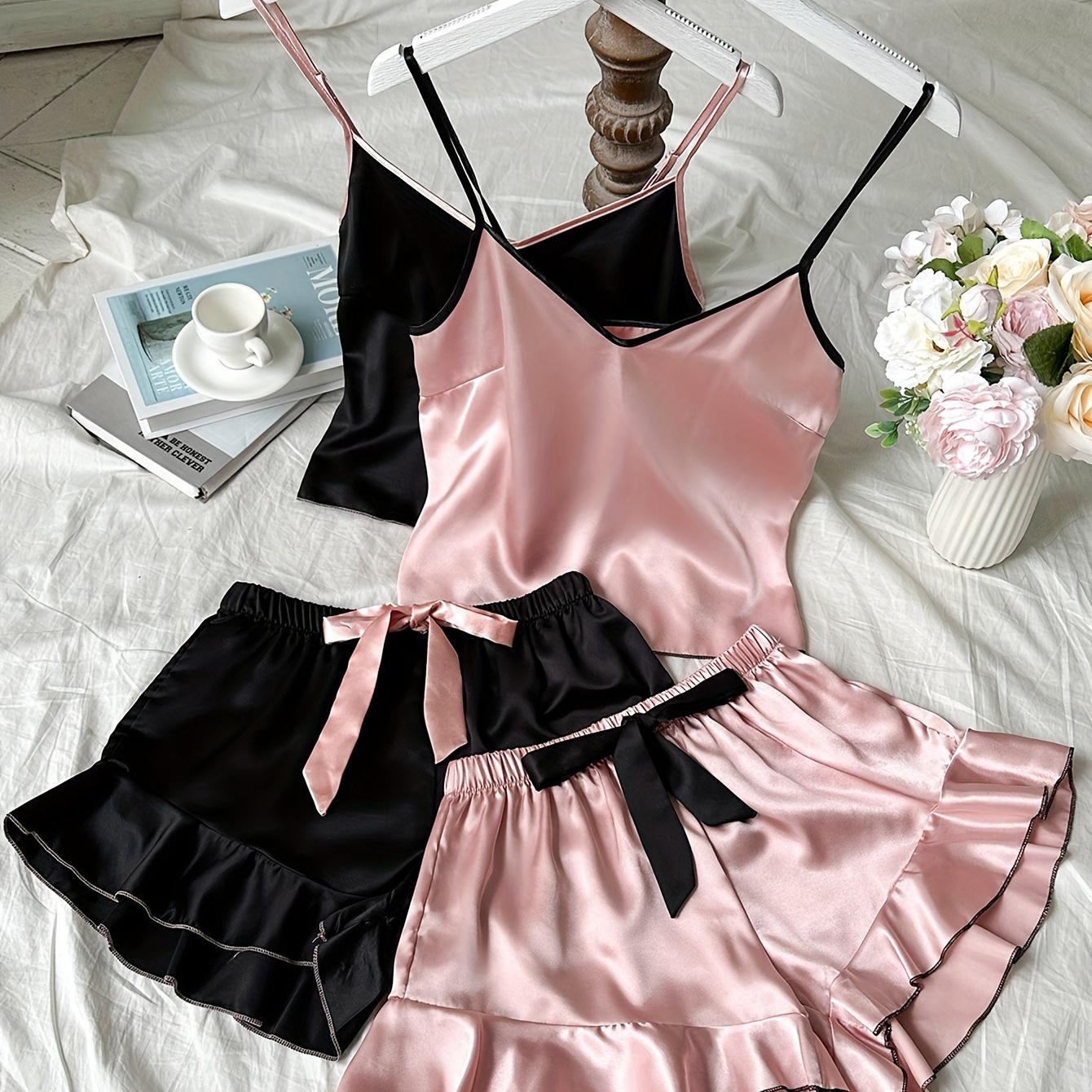 

2 Sets Women's Elegant Solid Satin Pajama Set, V Neck Backless Cami Top & Ruffle Hem Shorts, Comfortable Relaxed Fit