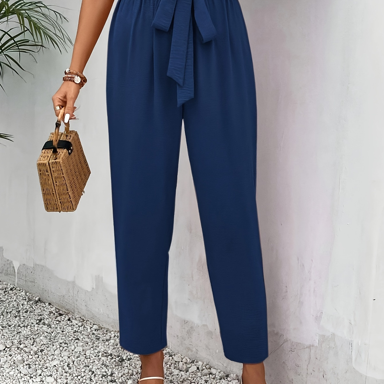 

Tie Waist Straight Leg Pants, Casual Paper Bag Waist Solid Color Pants For Spring & Summer, Women's Clothing