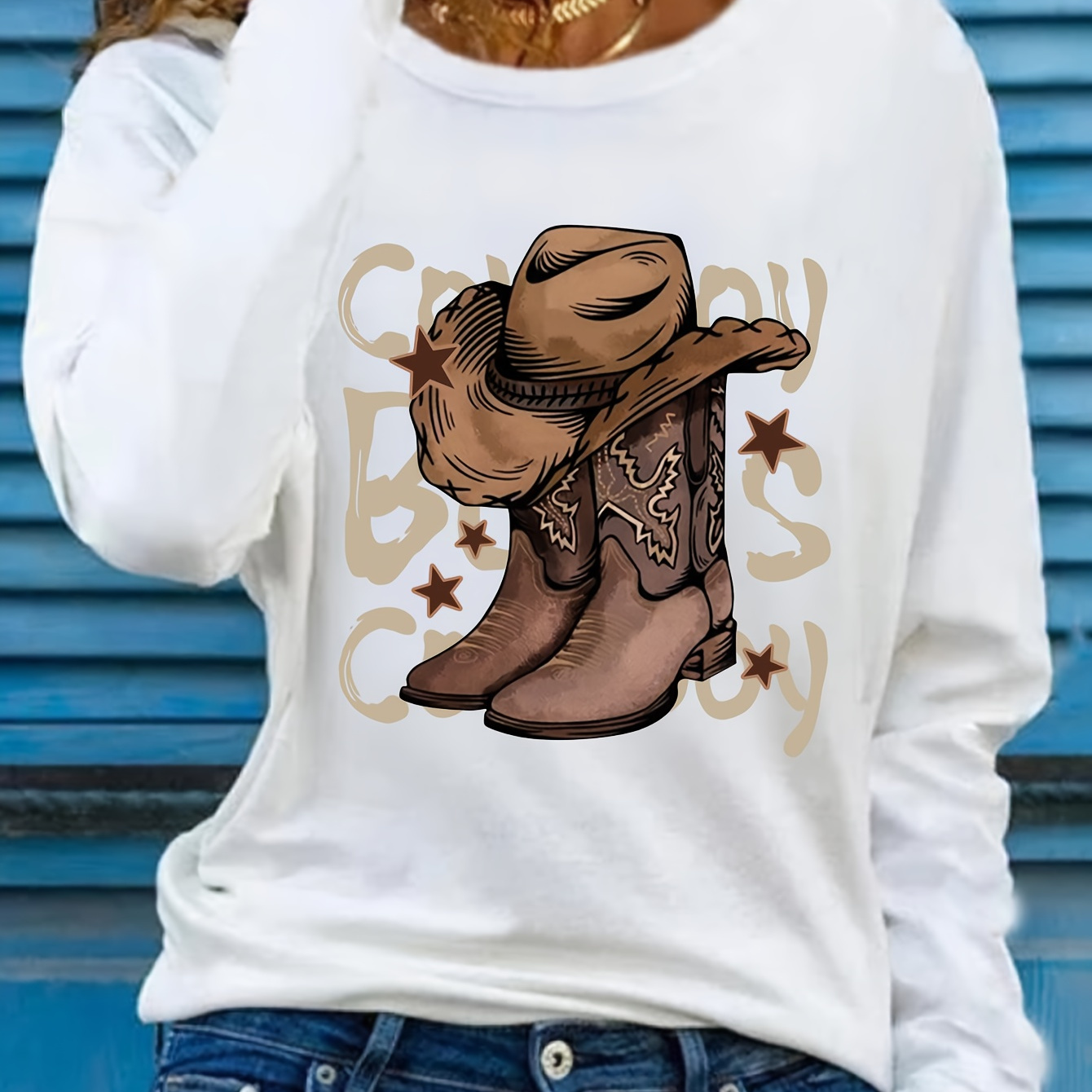 

Cowboy Themed Long Sleeve T-shirt For Women - Casual Polyester Knit Fabric With Round Neckline, Graphic , Regular Fit