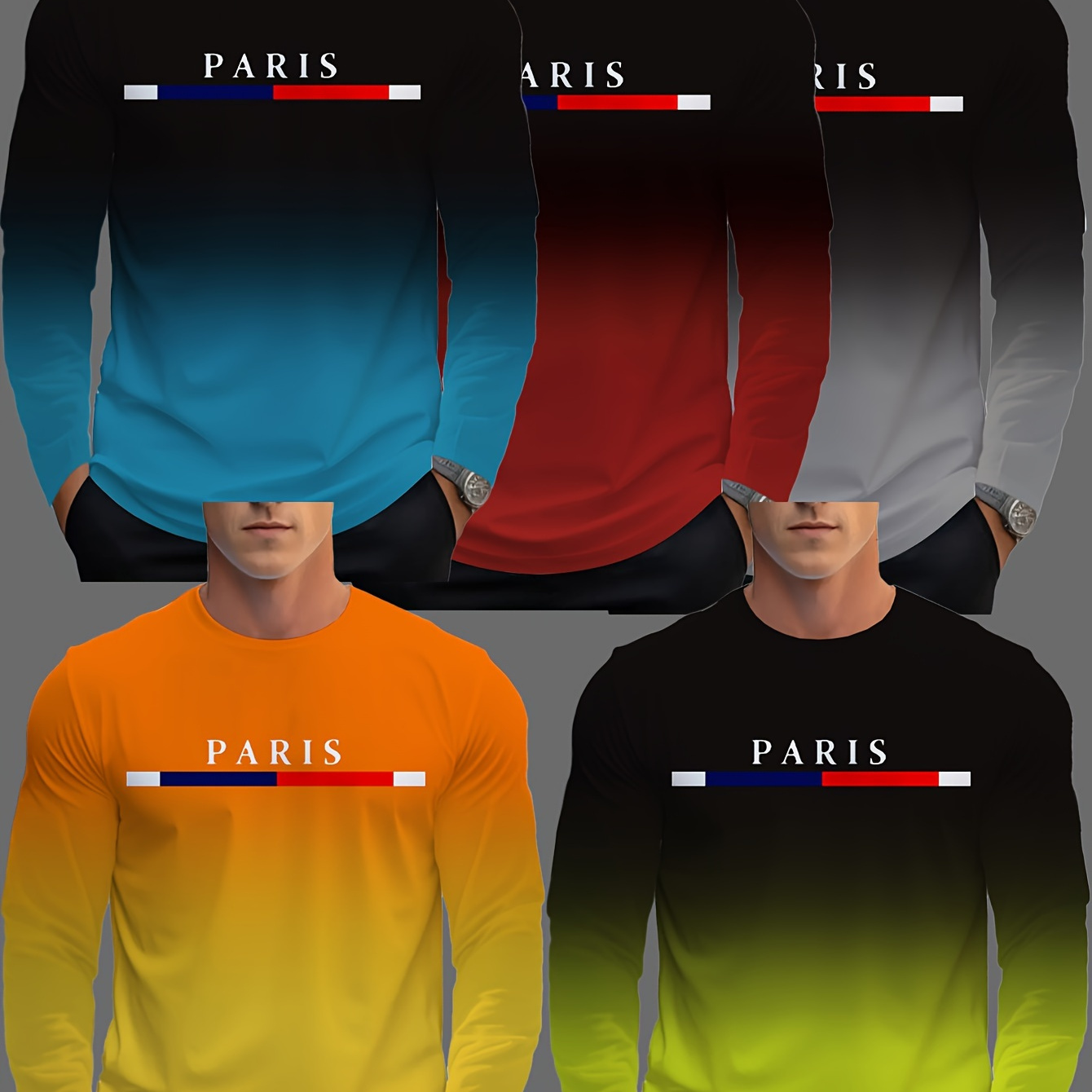 

Paris Gradient Men's 5pcs Long Sleeve T-shirt Set - Casual & Sporty Crew Neck, Fashionable All- Pullovers