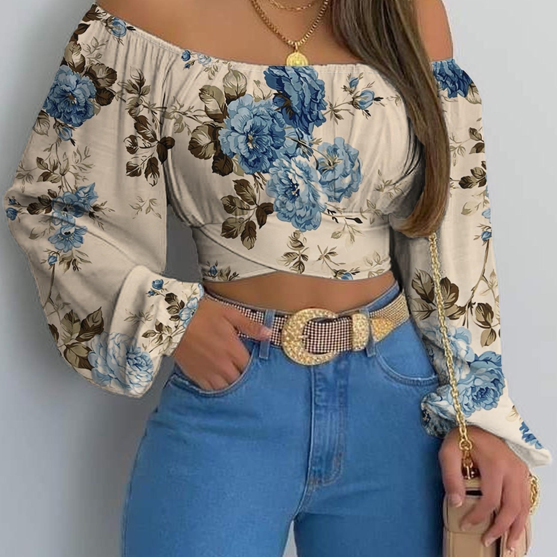 

Women' -shoulder Top, Trendy Slimming Short Lantern Long-sleeved Shirt, Floral Print Pullover