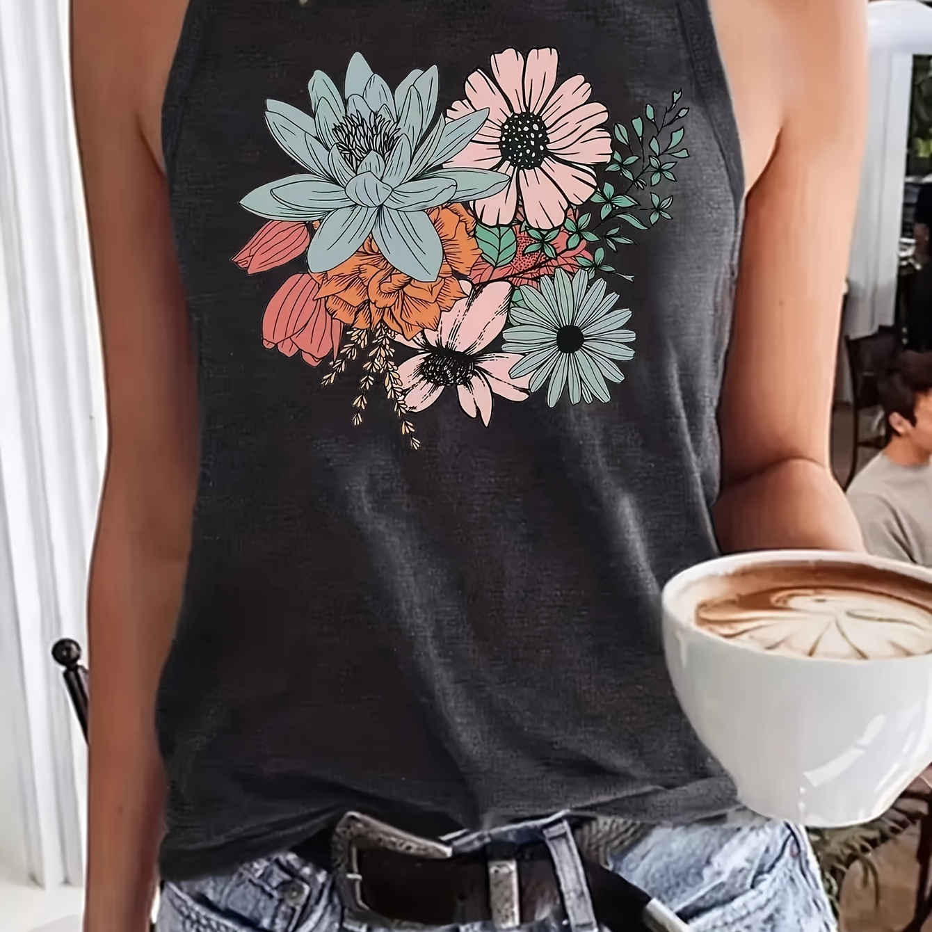 

Floral Print Crew Neck Tank Top, Casual Sleeveless Top For Spring & Summer, Women's Clothing