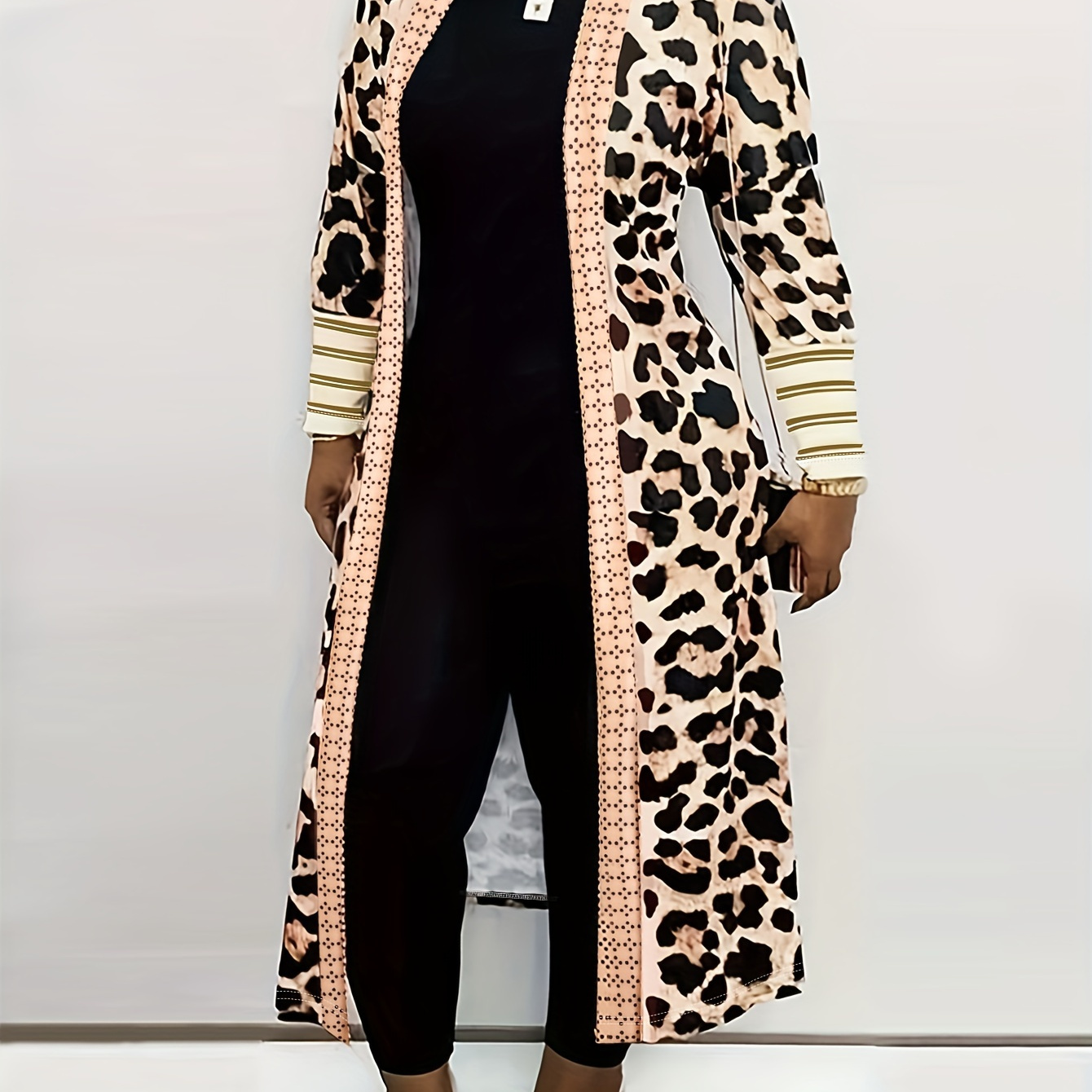 

Plus Size Longline Leopard Print Colorblock Cardigan Coat, Women's Plus Slight Stretch Elegant Coat