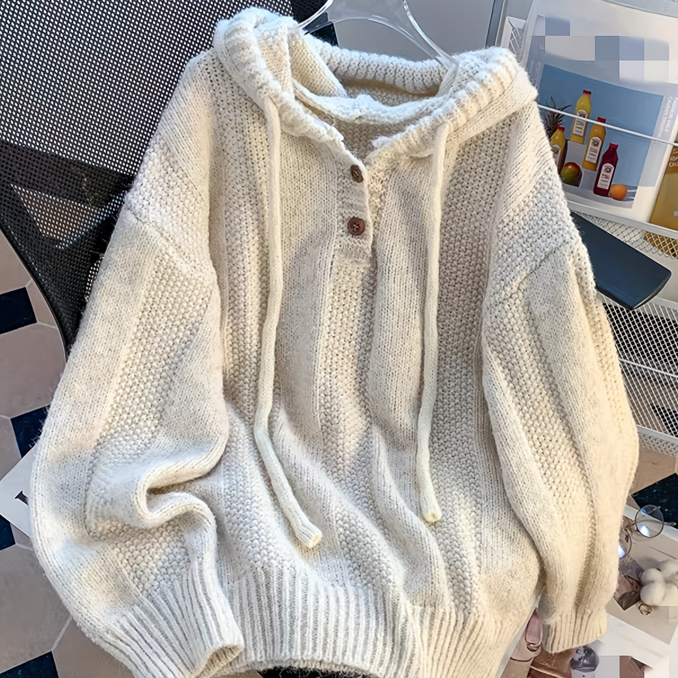 

Cozy Knit Hooded Sweater With Drawstring - Casual Long Sleeve Pullover For Women, Fall & Winter