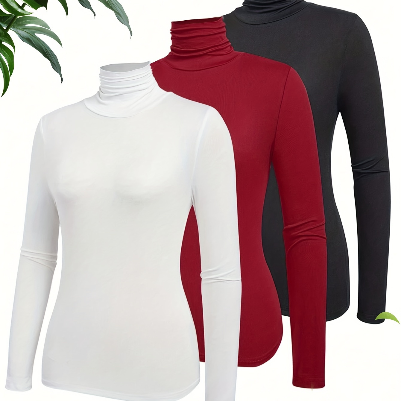 

3 Pcs Turtle Neck T-shirt, Essential Long Sleeve Solid Color Slim Top For Spring & Fall, Women's Clothing