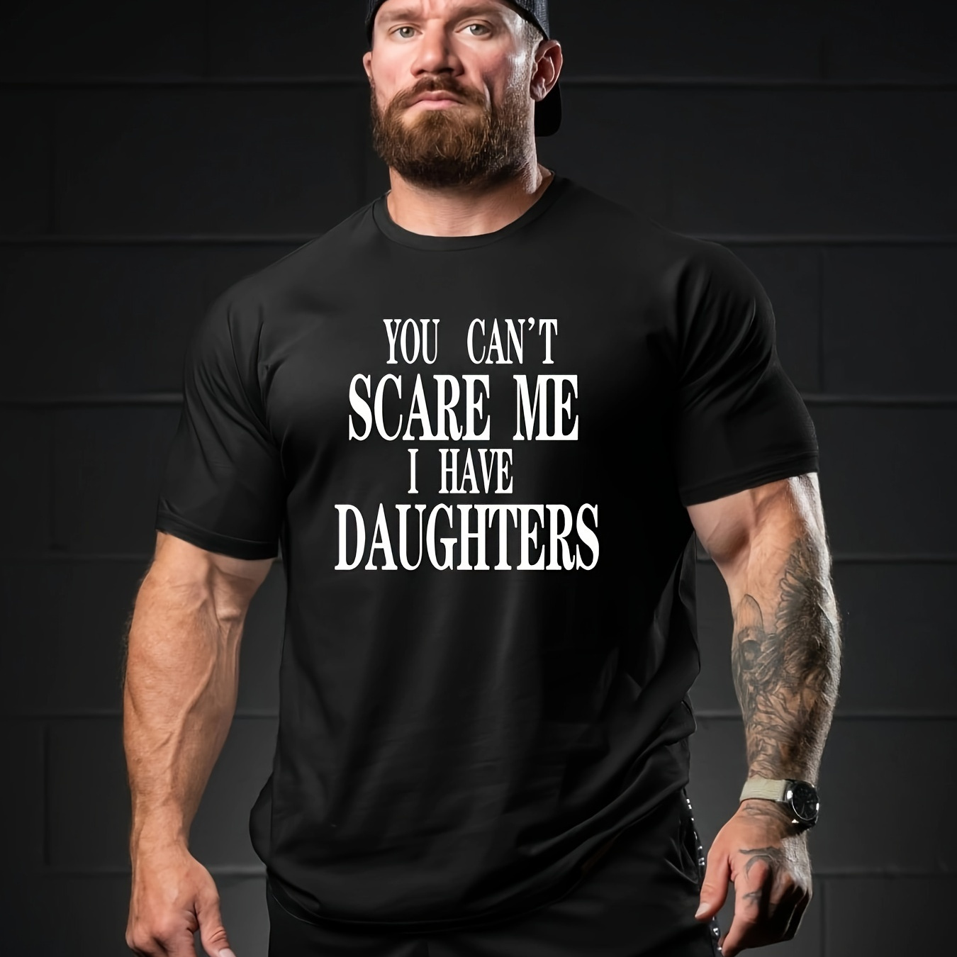 

Plus Size You Can't Scared Me I Have Daughters Letter Print Men's Short Sleeve T-shirts, Comfy Casual Breathable Tops For Men's Fitness Training, Jogging, Men's Clothing