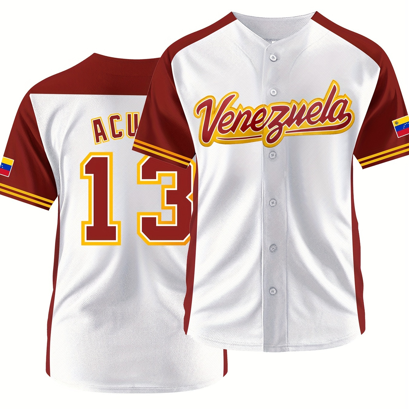 

Venezuela And Number 13 Embroidery, Men's Short Sleeve V-neck Baseball Jersey, Comfy Top For Training And Competition