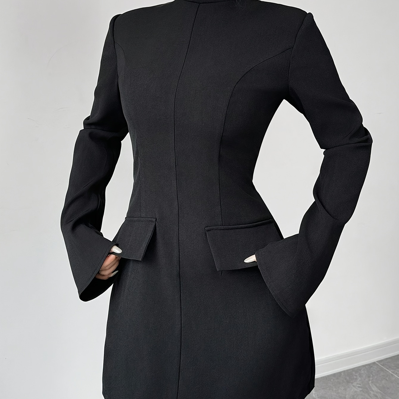 

Elegant Special Straight Collar Long Trumpet Sleeve False Pocket Slimming Elegant Short Dress