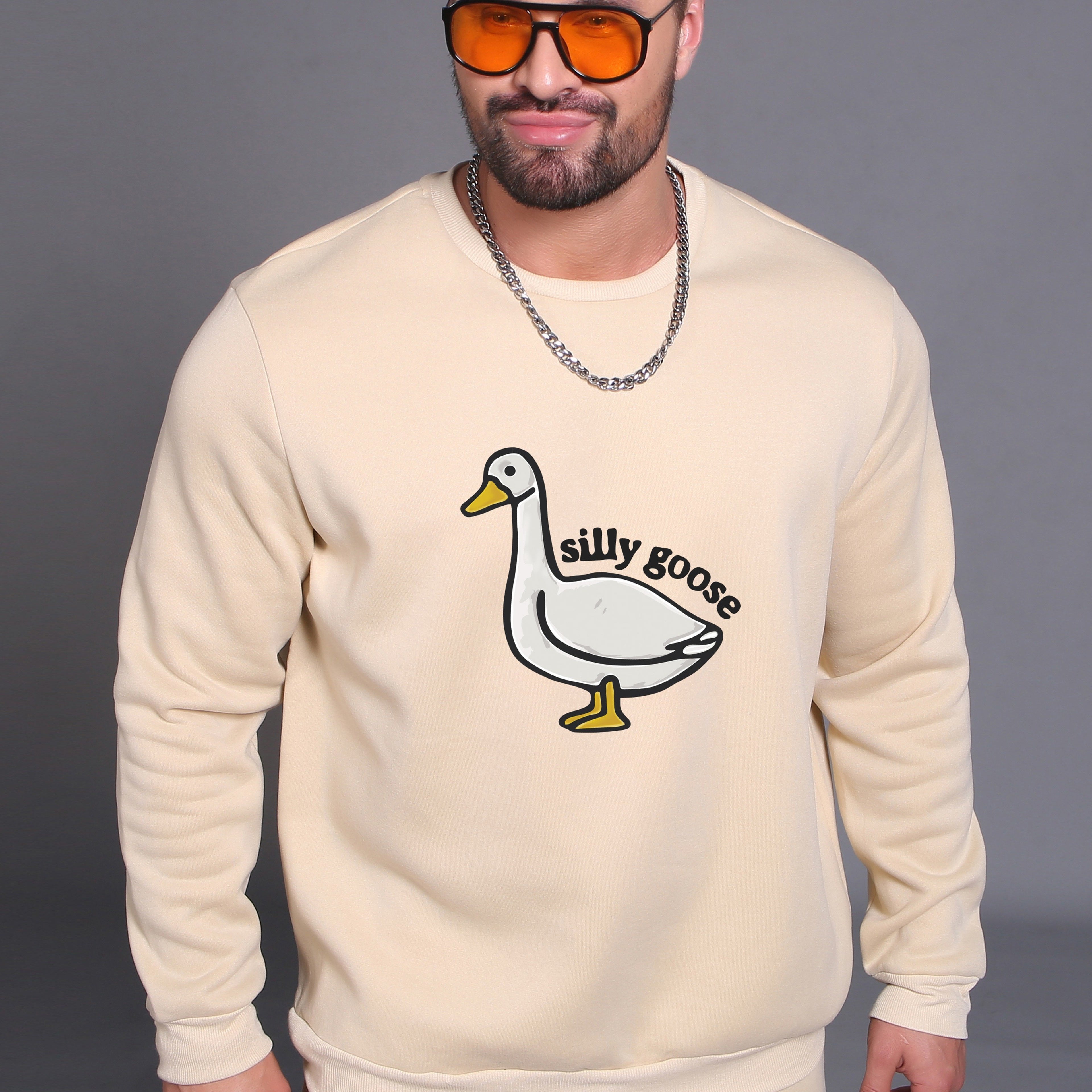 

Silly Goose Print Crew Neck Fleece Sweatshirt Warm Pullover For Men Solid Color Sweatshirts For Winter Fall Long Sleeve Tops