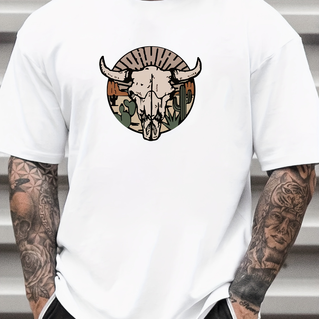 

Men's Pure Cotton T-shirt, Western Cow Head Print Short Sleeve Crew Neck Tees For Summer, Casual Outdoor Comfy Clothing For Male
