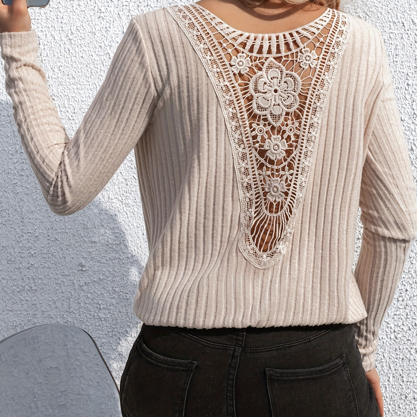 

Ribbed Contrast Lace T-shirt, Elegant Long Sleeve Ruched Top For Spring & Fall, Women's Clothing