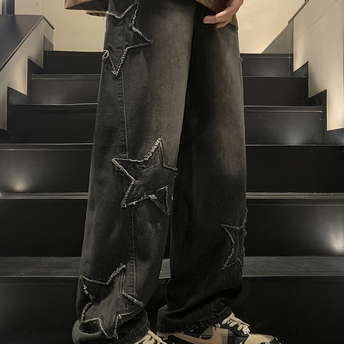 

Star Shaped Loose Jeans, Women's Hip-hop Pants, Wide Leg Washed Jeans (with Unopened At The Waist)