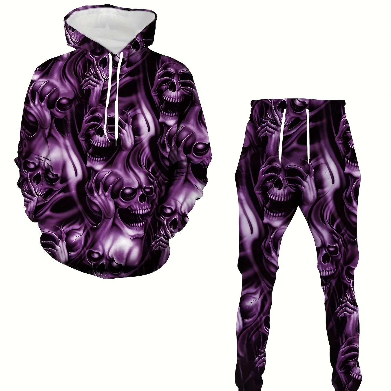 Men's Halloween Skull Pattern Fashion Novelty Pajamas Loungewear Set, Hoodie And Sweatpants Set, Long Sleeve Sweatshirts Jogger Pant 2 Piece Outfits For Men