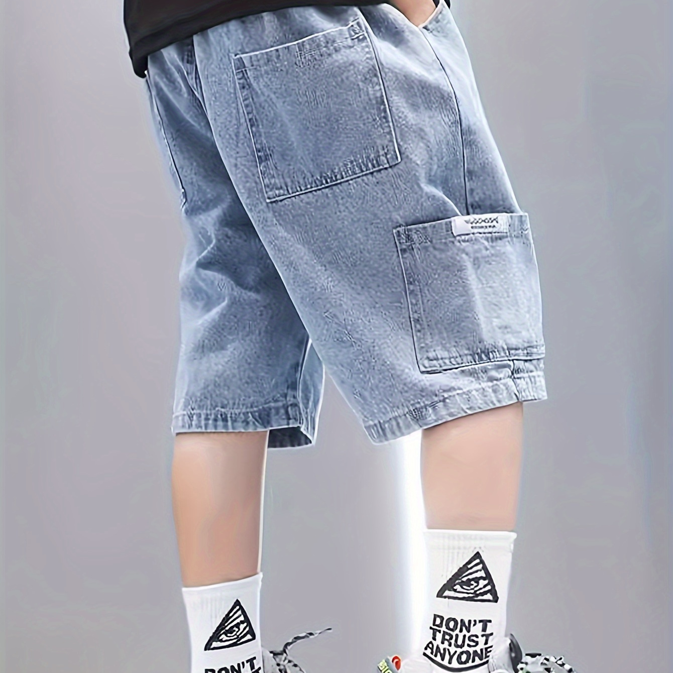 

Boys Casual Cargo Denim Shorts, Mid-length, Large Pockets, Elastic Waist Shorts, Outdoor Summer Apparel