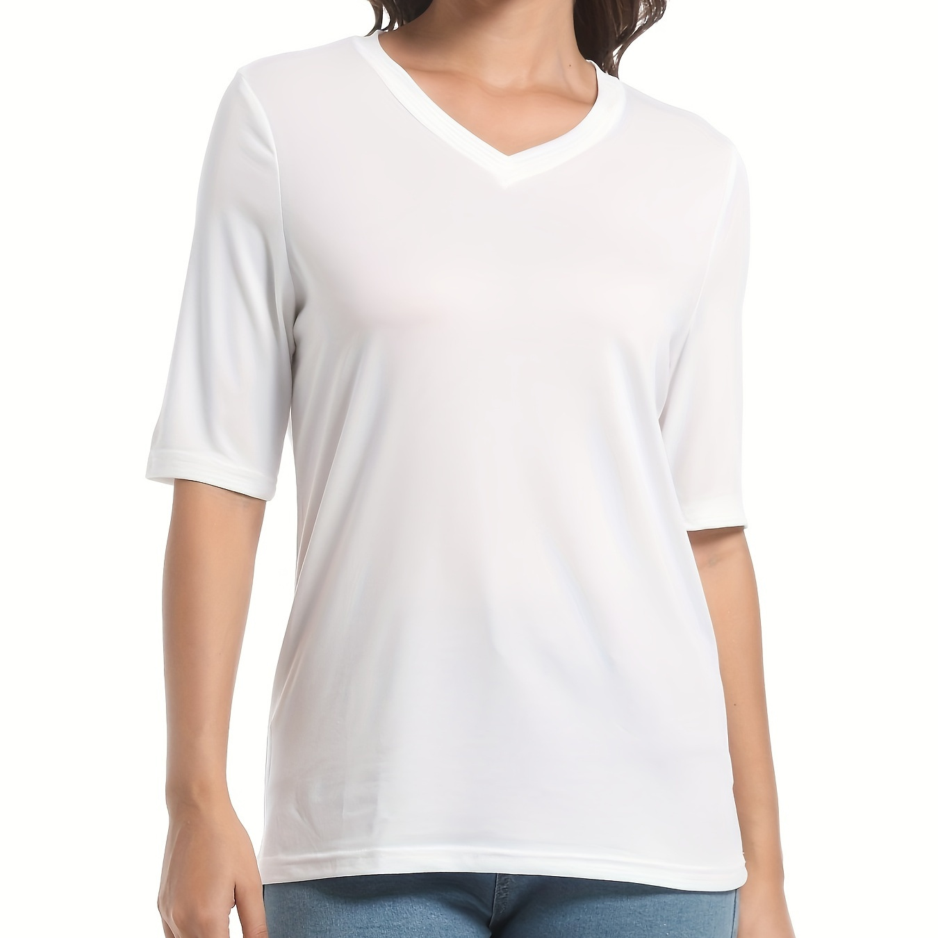 

Solid Color V-neck Simple T-shirt, Casual Half Sleeve T-shirt For Spring & Summer, Women's Clothing