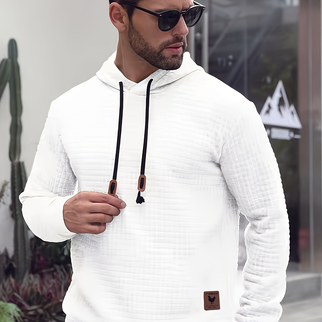 

Men's Jacquard Hoodie - Lightweight Polyester 100% Sweatshirt With Applique Detail, Long Sleeve, Regular Fit, Knit Fabric, Casual Sports Top For Fall/winter, Outdoor Hiking & Training - 250gsm