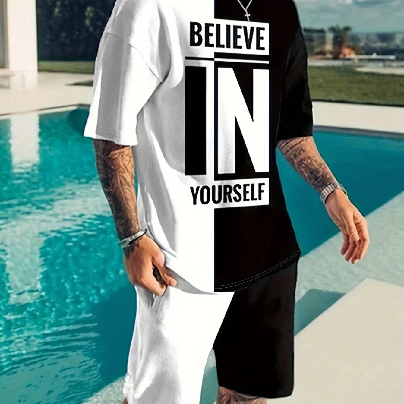 

''believe In Yourself'' Color Block Mens 2 Piece Outfits, Comfy T-shirt And Casual Shorts Set For Summer, Men's Clothing