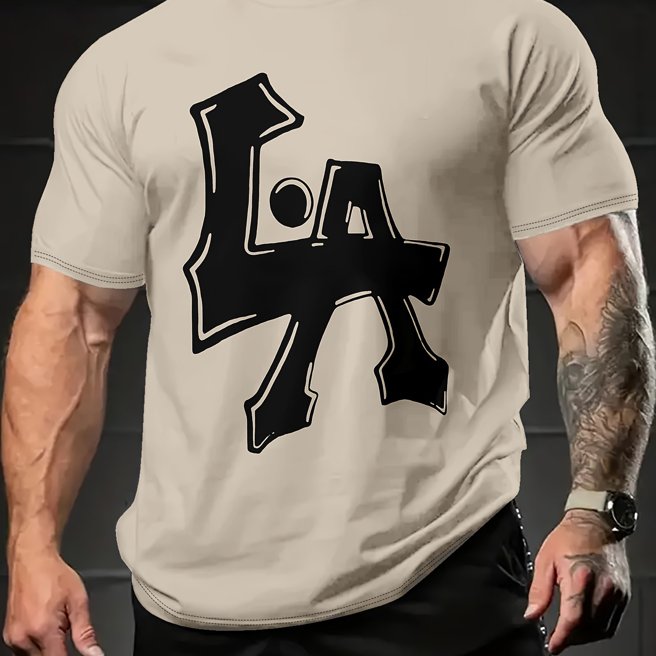 

Men's Crew Neck Graphic T-shirt With Fancy "la" Print, Casual Comfy Tee, Trendy Short Sleeve Top For Summer Daily Wear