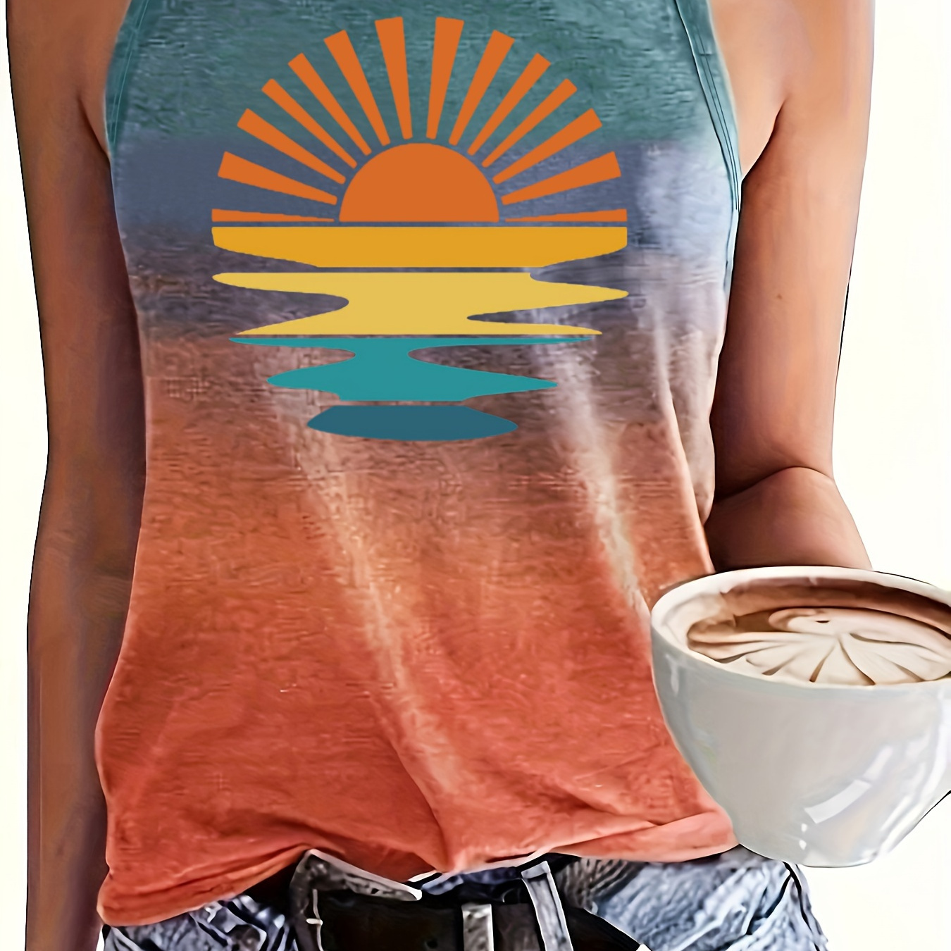 

Sunrise Print Tank Top, Casual Sleeveless Top For Spring & Summer, Women's Clothing
