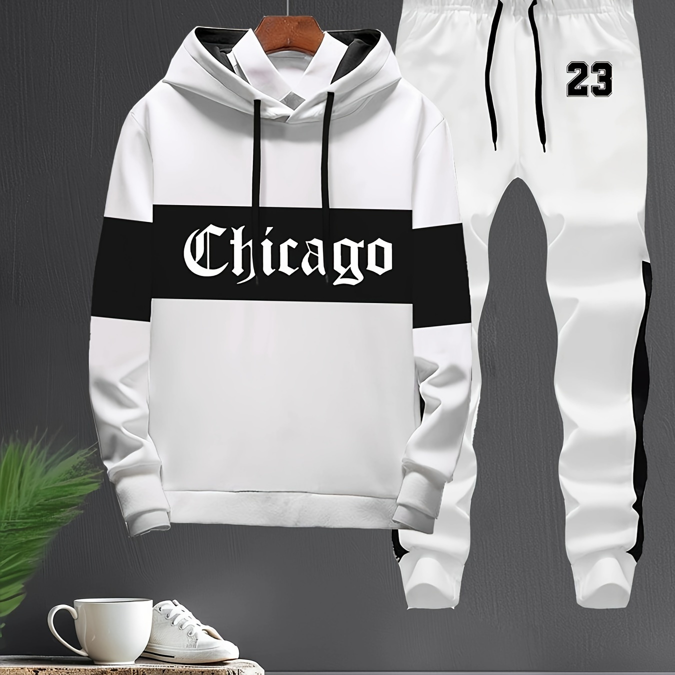 

2-piece Men's "chicago" Alphabet Print Tracksuit Set, Long Sleeve Hoodie With Drawstring And Jogging Pants Set For Gym Workout Running