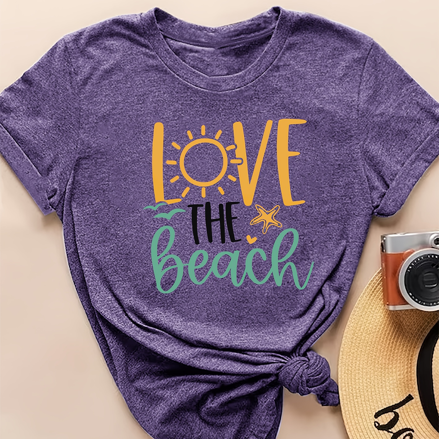 

Women's Casual Vintage "love The Beach" Letter Print Short Sleeve T-shirt, Round Neck, Summer Top, Comfy Blend, Beachwear