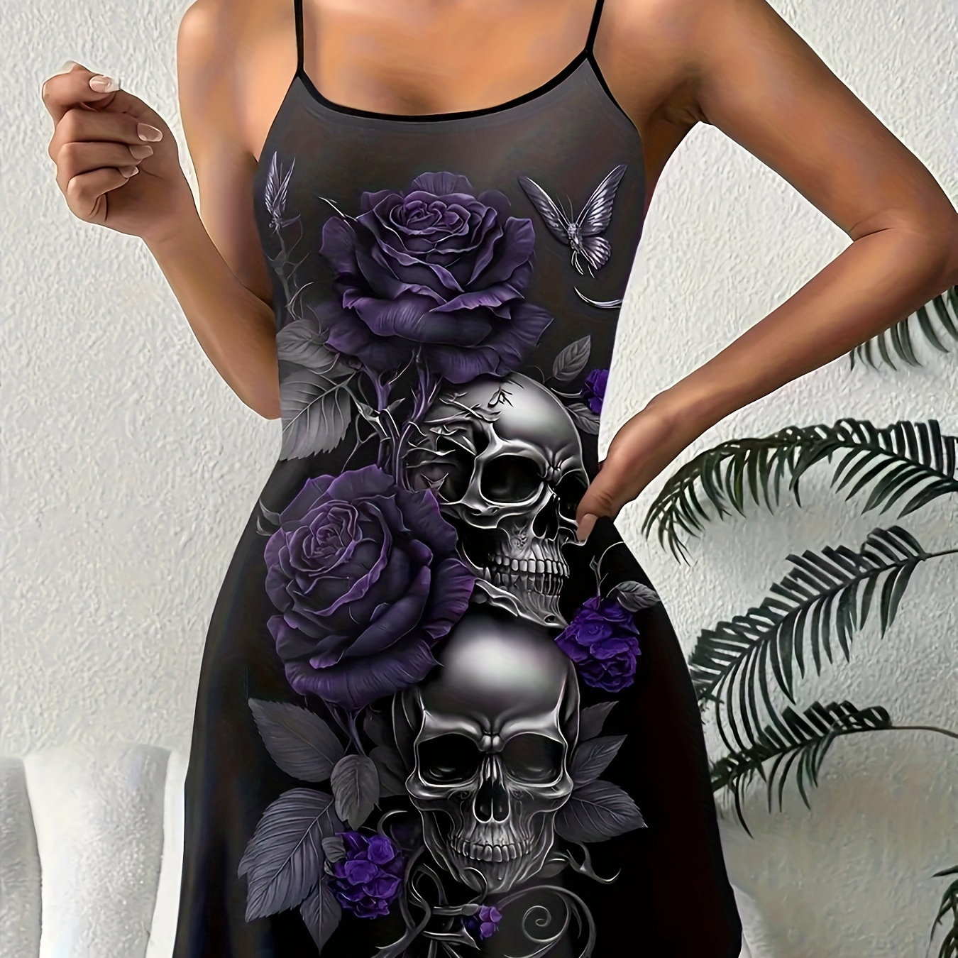 

Women's Skull And Rose Printed Gothic Frilly Dress, Small Size Design, Valentine's Day Gift, Holiday Gift, Pajamas With Comfortable Breathable Fabric, That Round, Size List, Reviews Are Good Luck