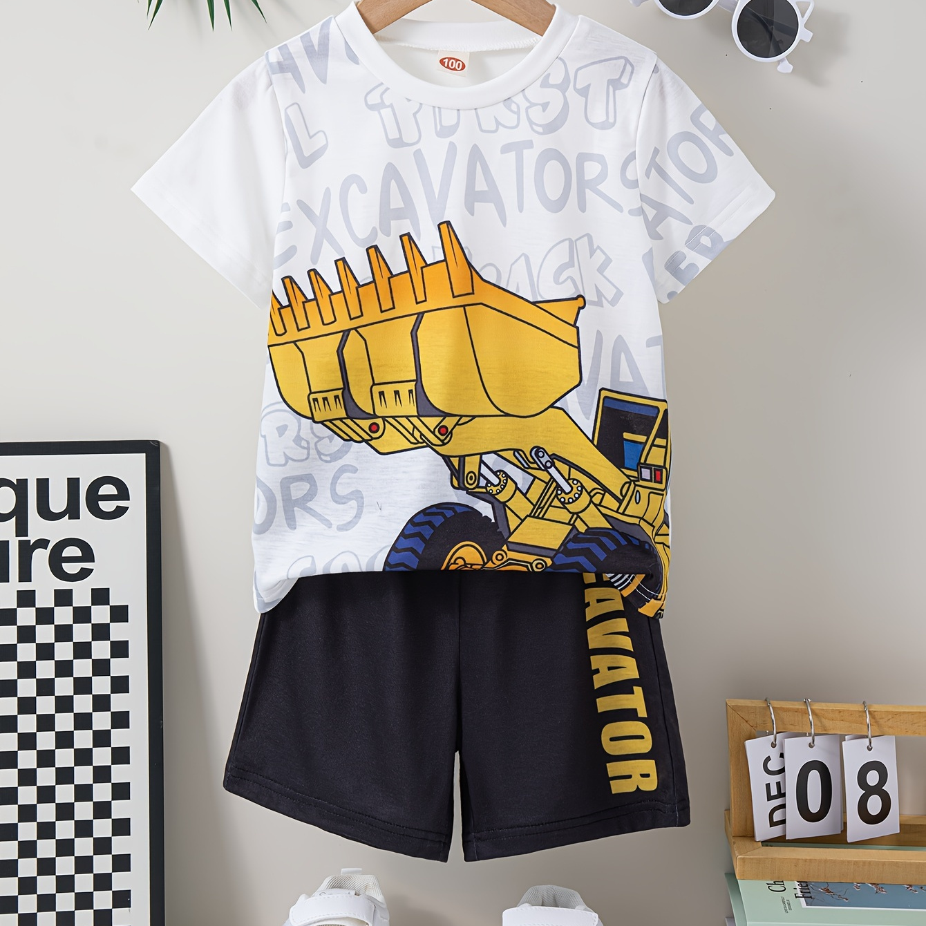 

2pcs Boys Casual Excavator Graphic Print Short Sleeve T-shirt & Shorts Set, Comfy Summer Boys Clothes