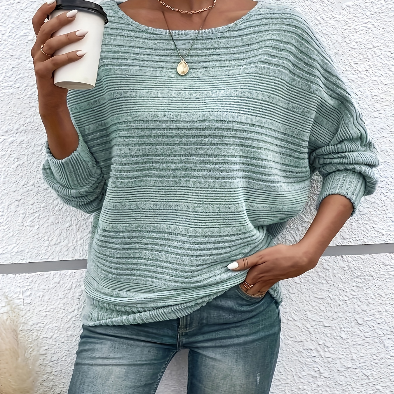 

Elegant Polyester Knit Sweater T-shirt - Solid Color, Round Neck, Medium Stretch, Comfort, Unique Asymmetrical Ribbed Batwing Sleeves