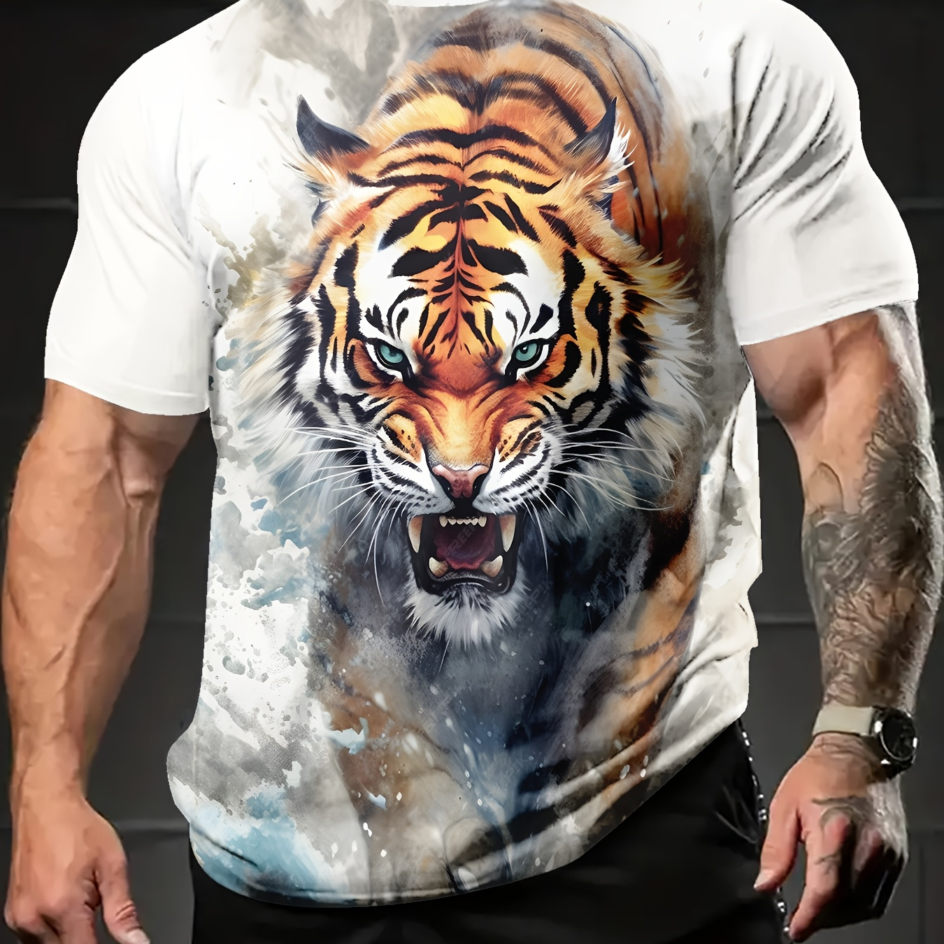 

King Tiger Printed Round Neck T-shirt, Summer Men Casual Outdoor Short-sleeved Top