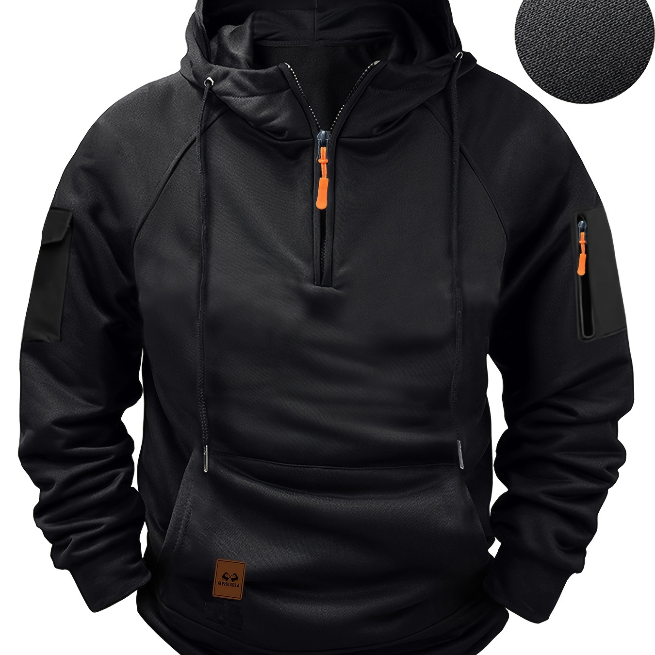 

Men's Sleek Polyester Hoodie With Zipper Pocket - Casual Pullover, Long Sleeve, Quarter-zip Collar For | Sporty & , Dark Gray With Orange Accents, Zip Up Hoodie