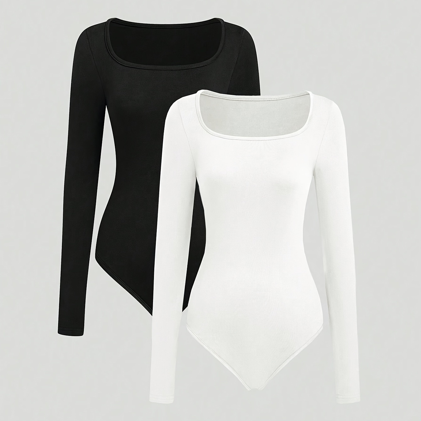 

2pcs Square Neck Slim Fit Bodysuit, Women's Casual Sports Long Sleeve One-piece Jumpsuit