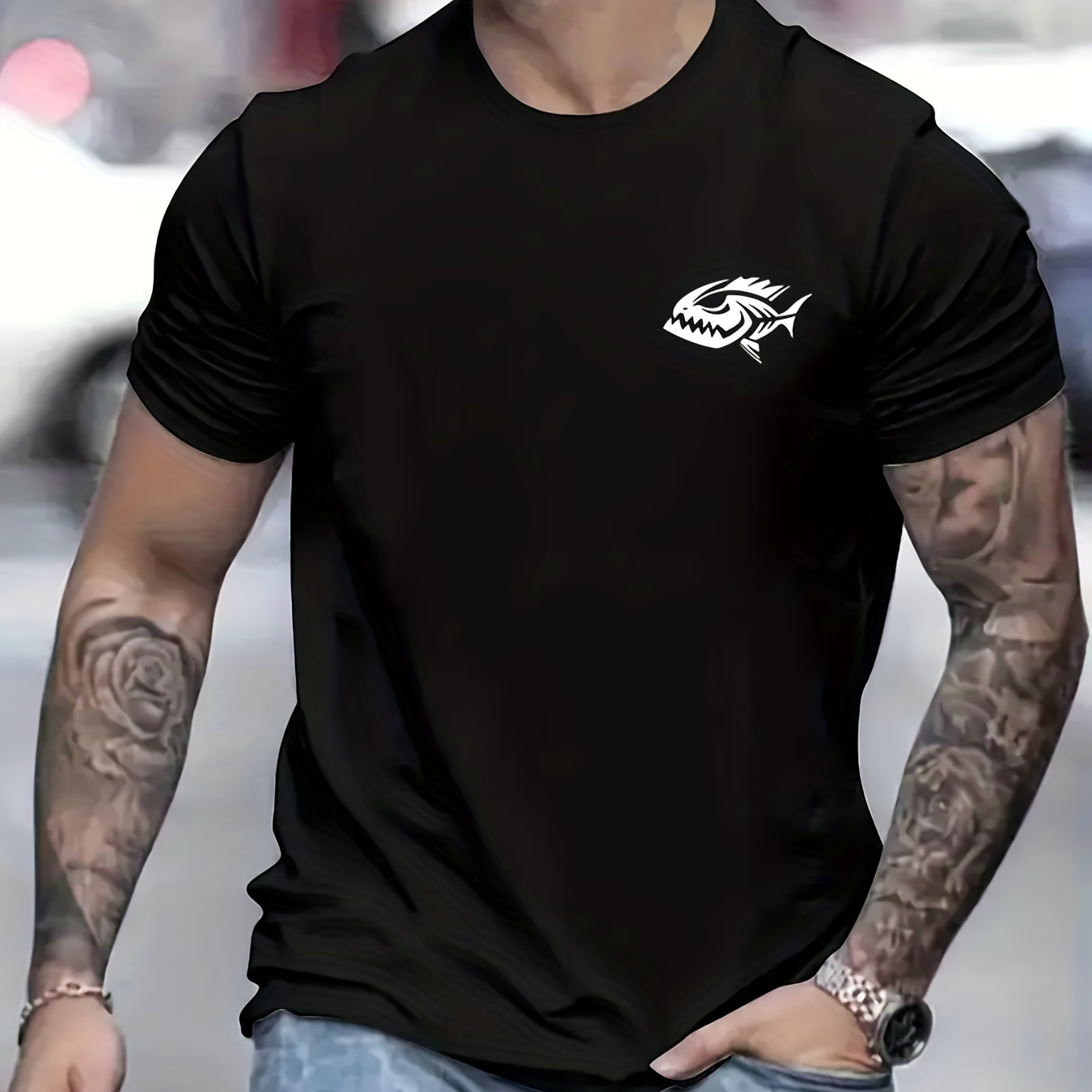 

T-shirt confortable imprimé avec un motif de poisson tendance pour hommes, tee-shirt graphique pour les vêtements d'extérieur d'été pour hommes, vêtements pour hommes, hauts pour hommes