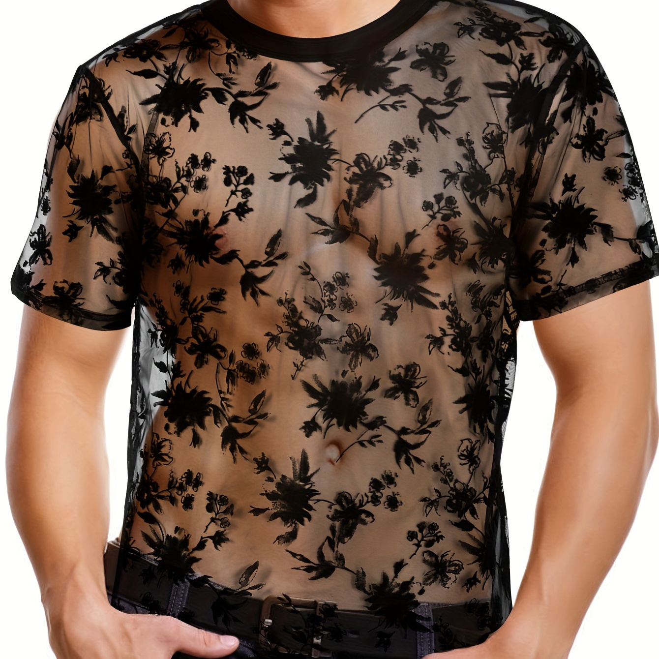 

Floral Pattern T-shirt With Crew Neck, Short Sleeve And See-through Fabric, Stylish And Fashionable Tops For Men's Summer Party And Night Club Wear