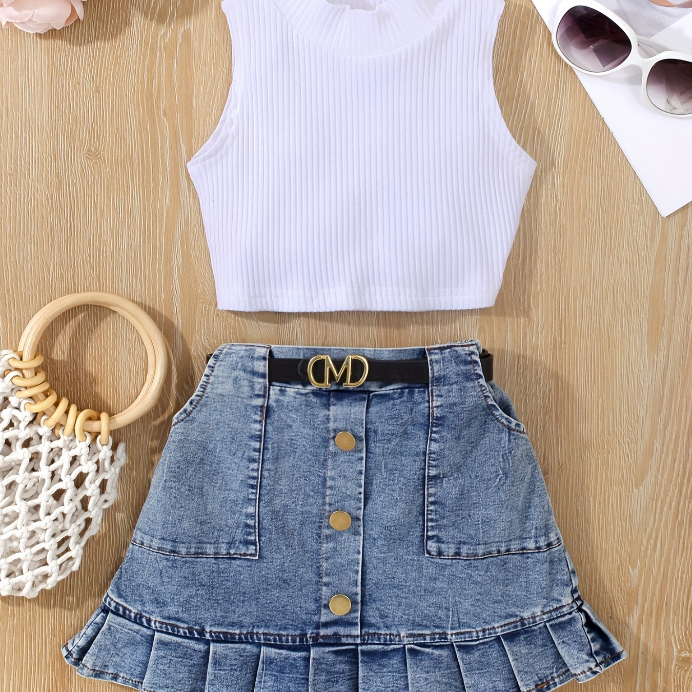 

2pcs Toddler Girls Turtleneck Ribbed Knit Tank Top & Hem Pleated Button Belted Denim Skirt Set Kids Summer Clothes, K-pop