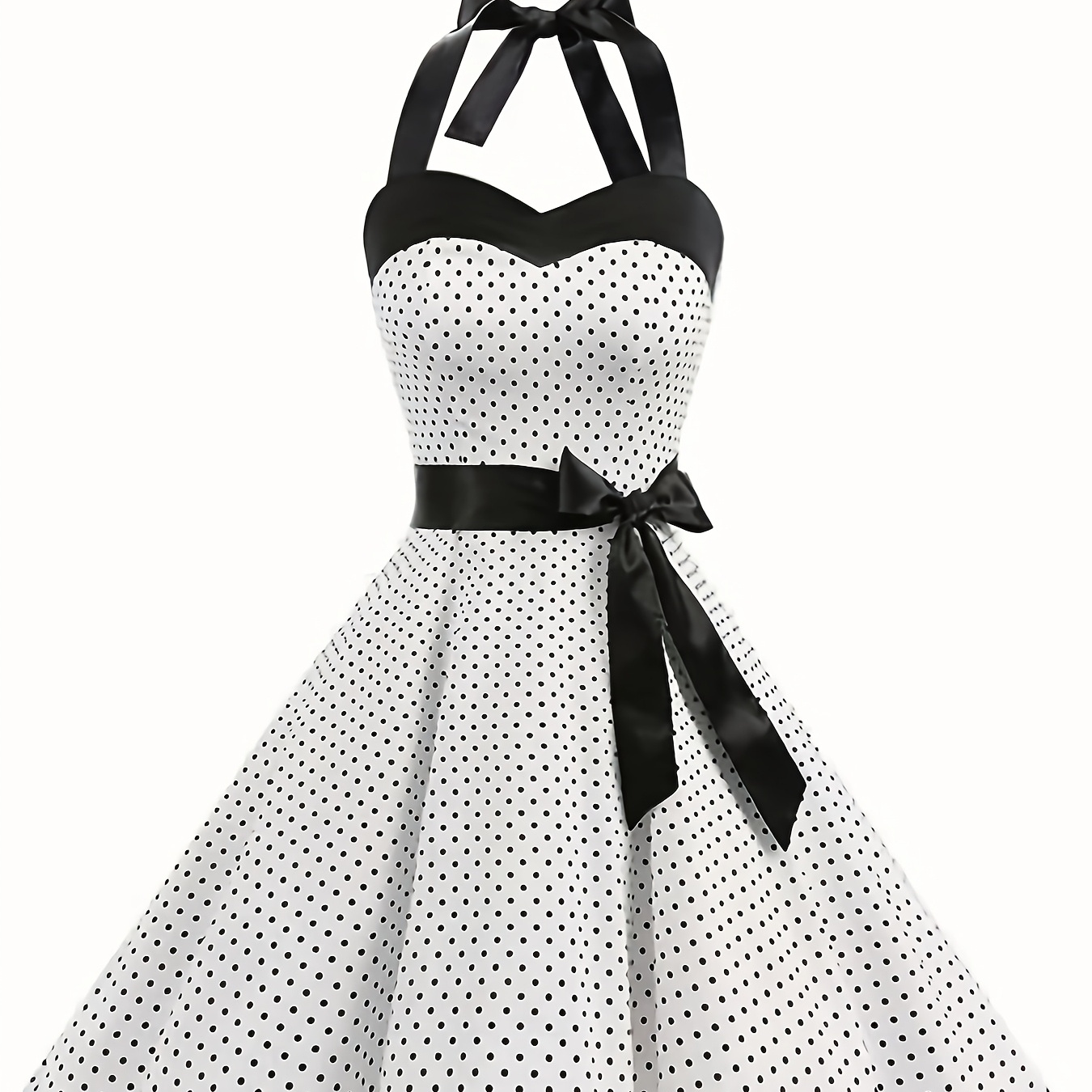 

Elegant Retro Polka Dot Dress For Women With Ribbon Waist - Halter Neck, A-line Skirt, Machine Washable, Polyester - Black & White, Spring/summer/fall Events