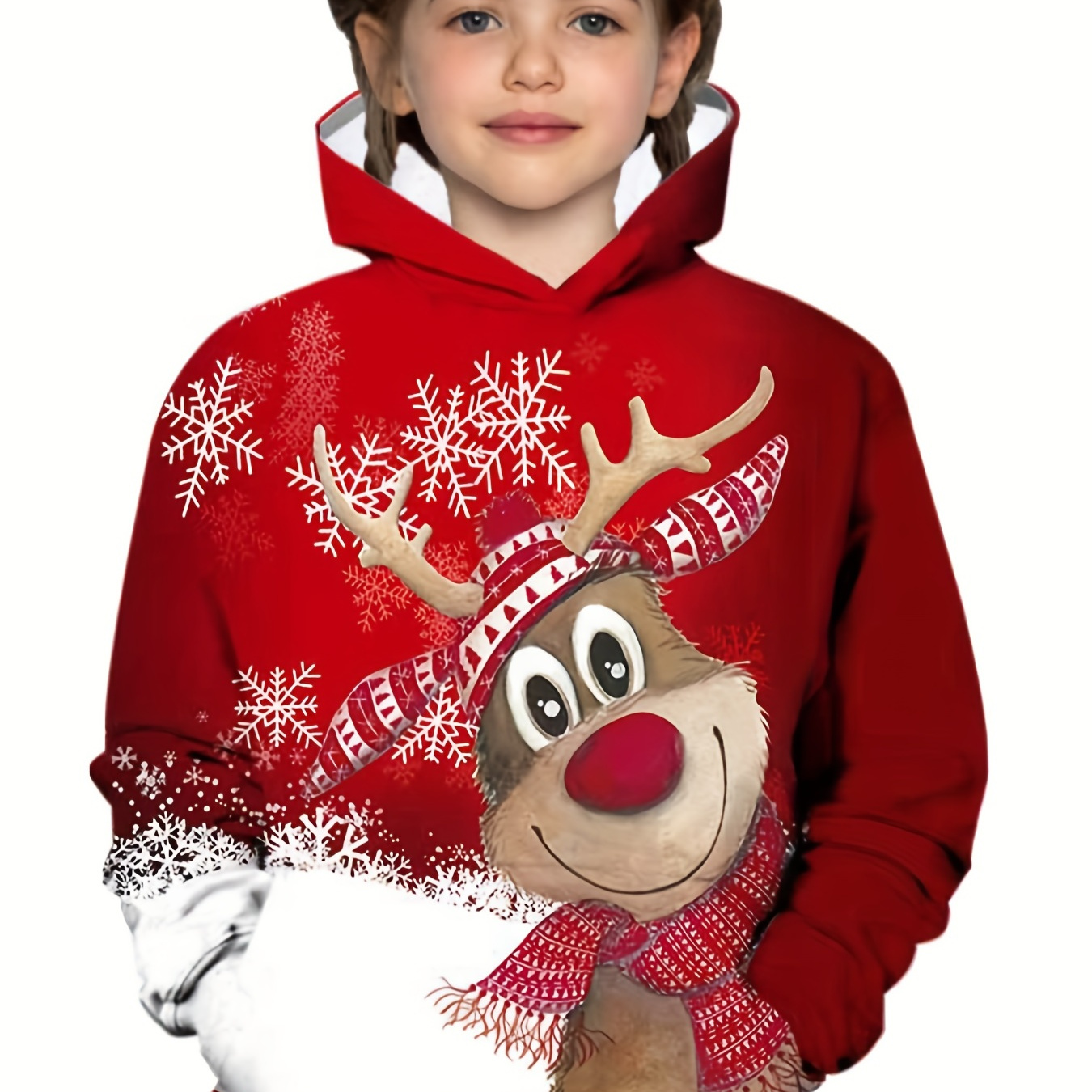 

Christmas Girls Snowflake Reindeer Pattern Pullover Hoodie Long Sleeve Trendy Sweatshirt For Teen Kids, Fall/ Winter