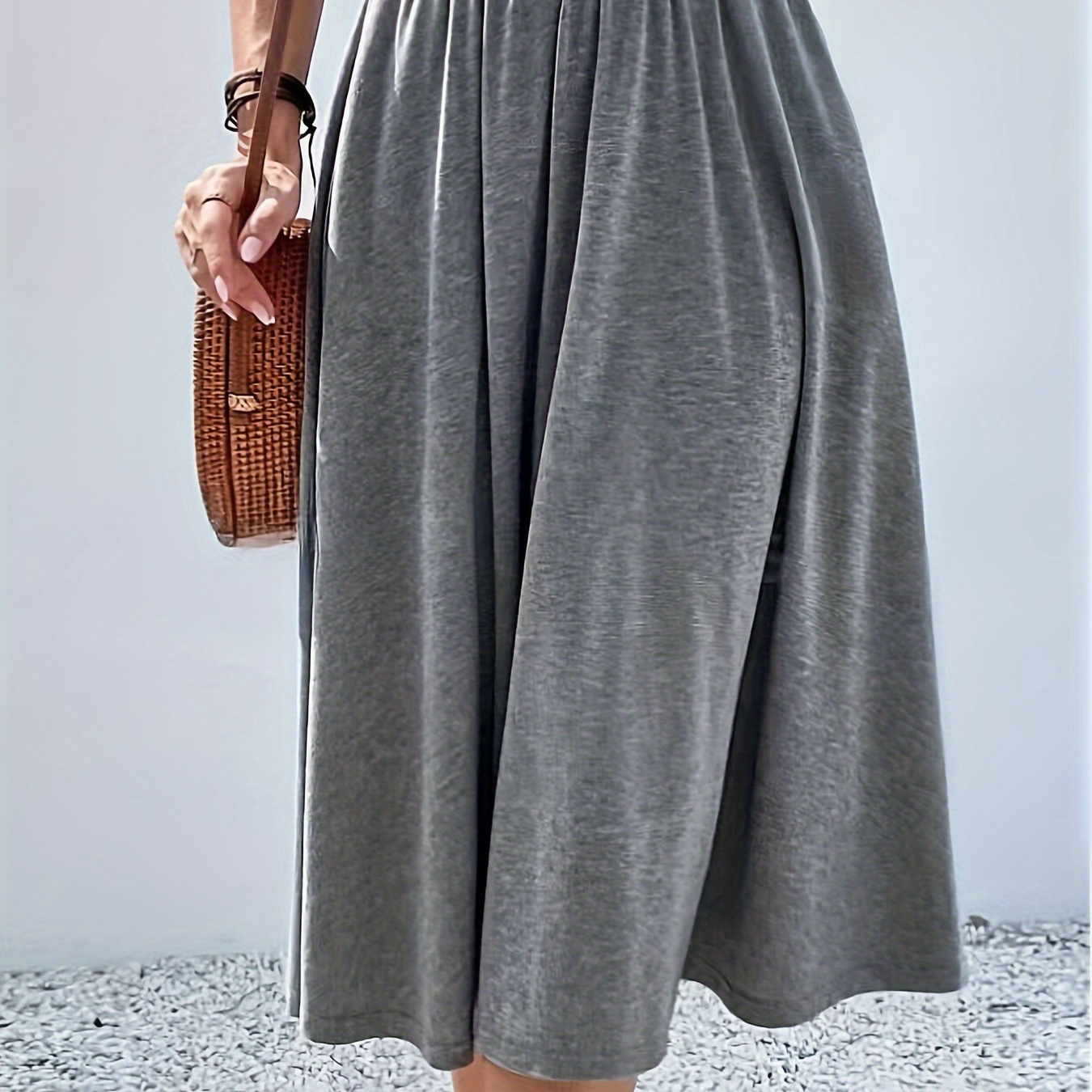 

Solid Elastic Waist Pockets Skirt, Casual Ruffle Hem Swing Skirt For Spring & Fall, Women's Clothing