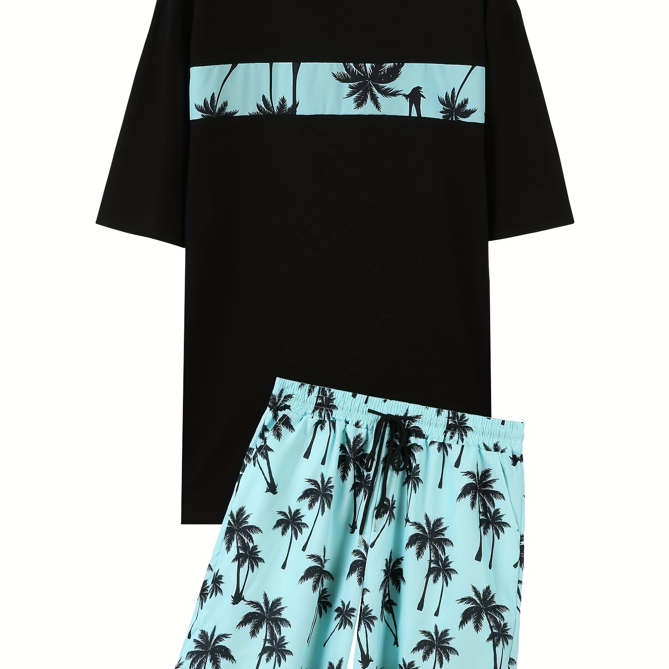 Plus Size Men's Coconut Tree Print Tee & Drawstring Waist Shorts Set