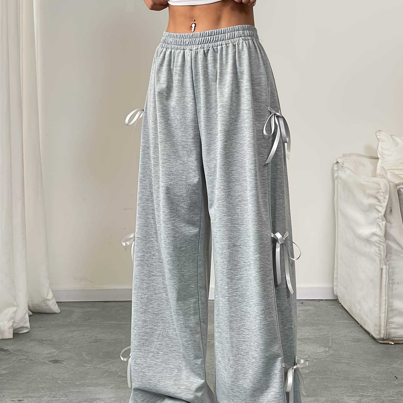 

1pc Women's Casual Polyester Wide Leg Pants With Bow Tie Detail, Fashionable Loose Fit Long Trousers For Autumn/winter, Solid Color, Knitted Fabric, Adult Sizes