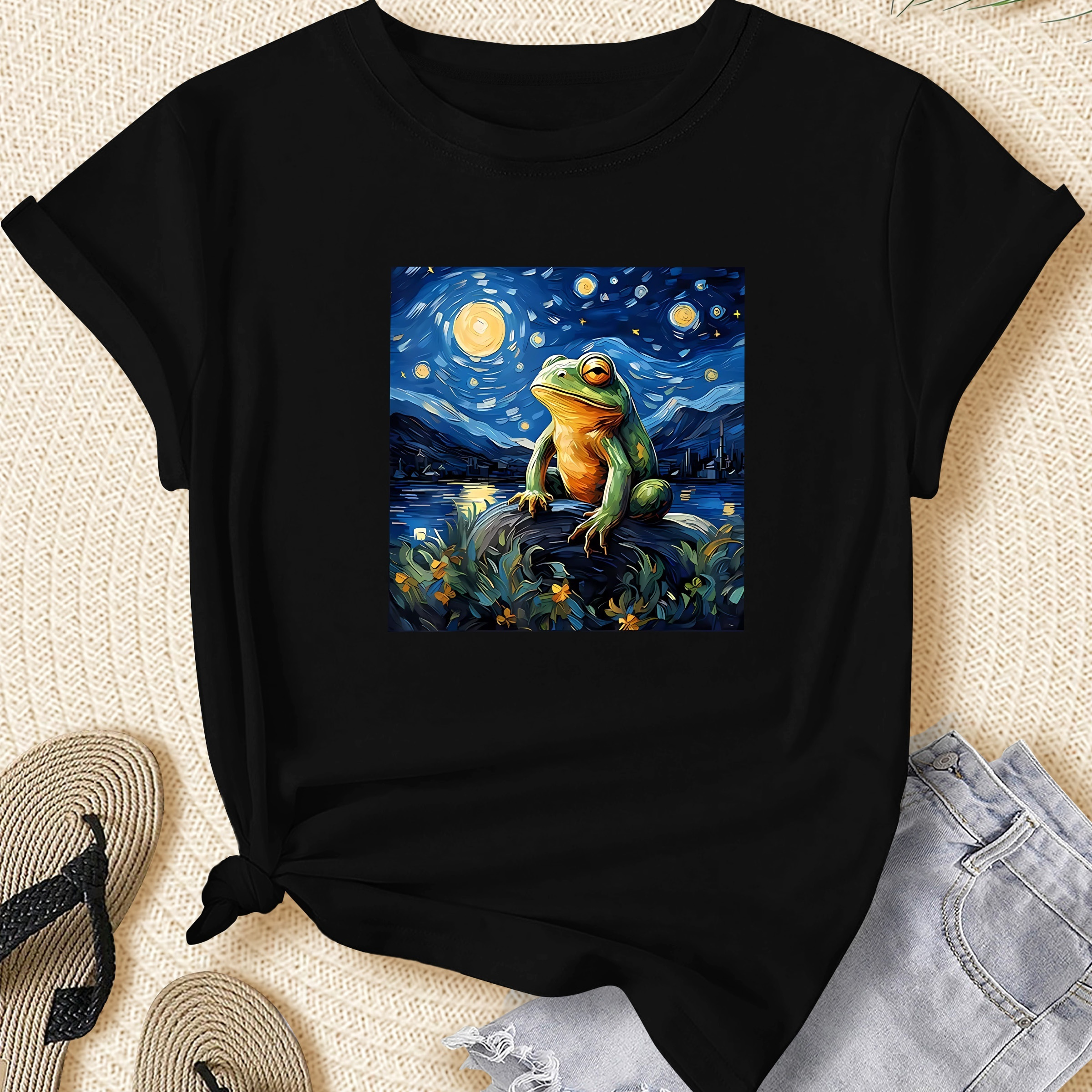 

Women's Plus Size Casual Sporty T-shirt, Frog Starry Night Print, Comfort Fit Short Sleeve Tee, Fashion Breathable Casual Top