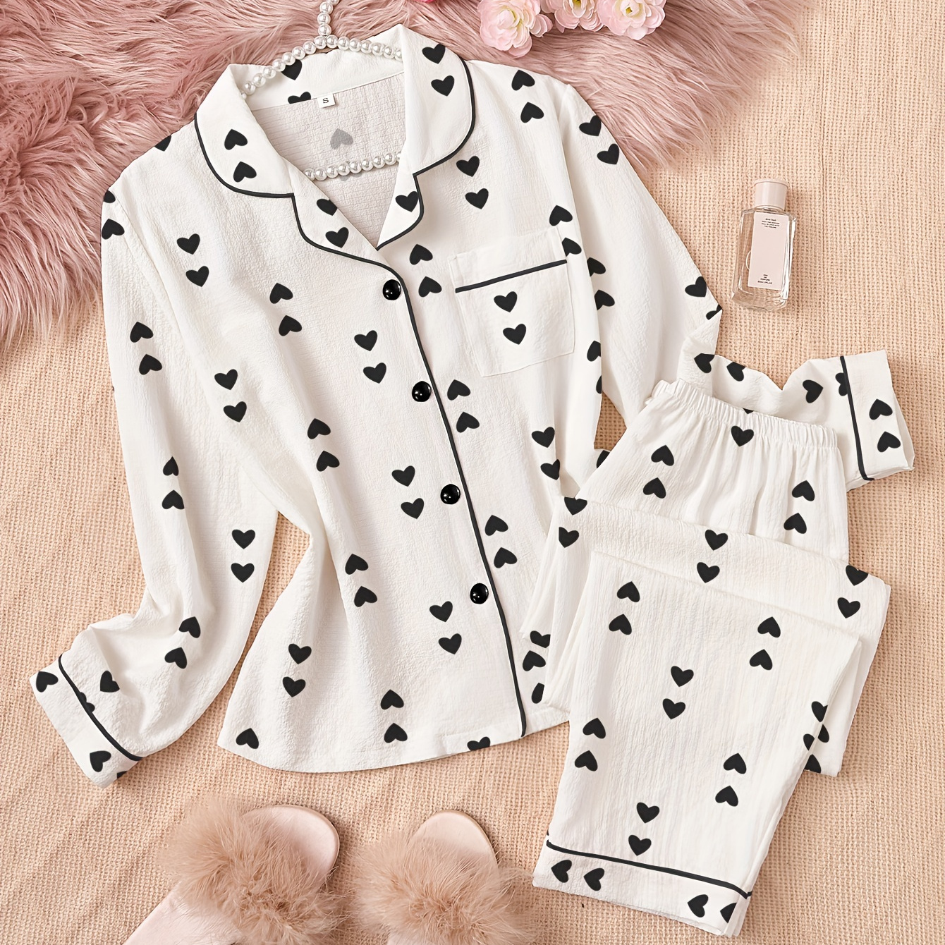 

Women's Heart Print Textured Casual Pajama Set, Long Sleeve Buttons Lapel Top & Pants, Comfortable Relaxed Fit For Fall