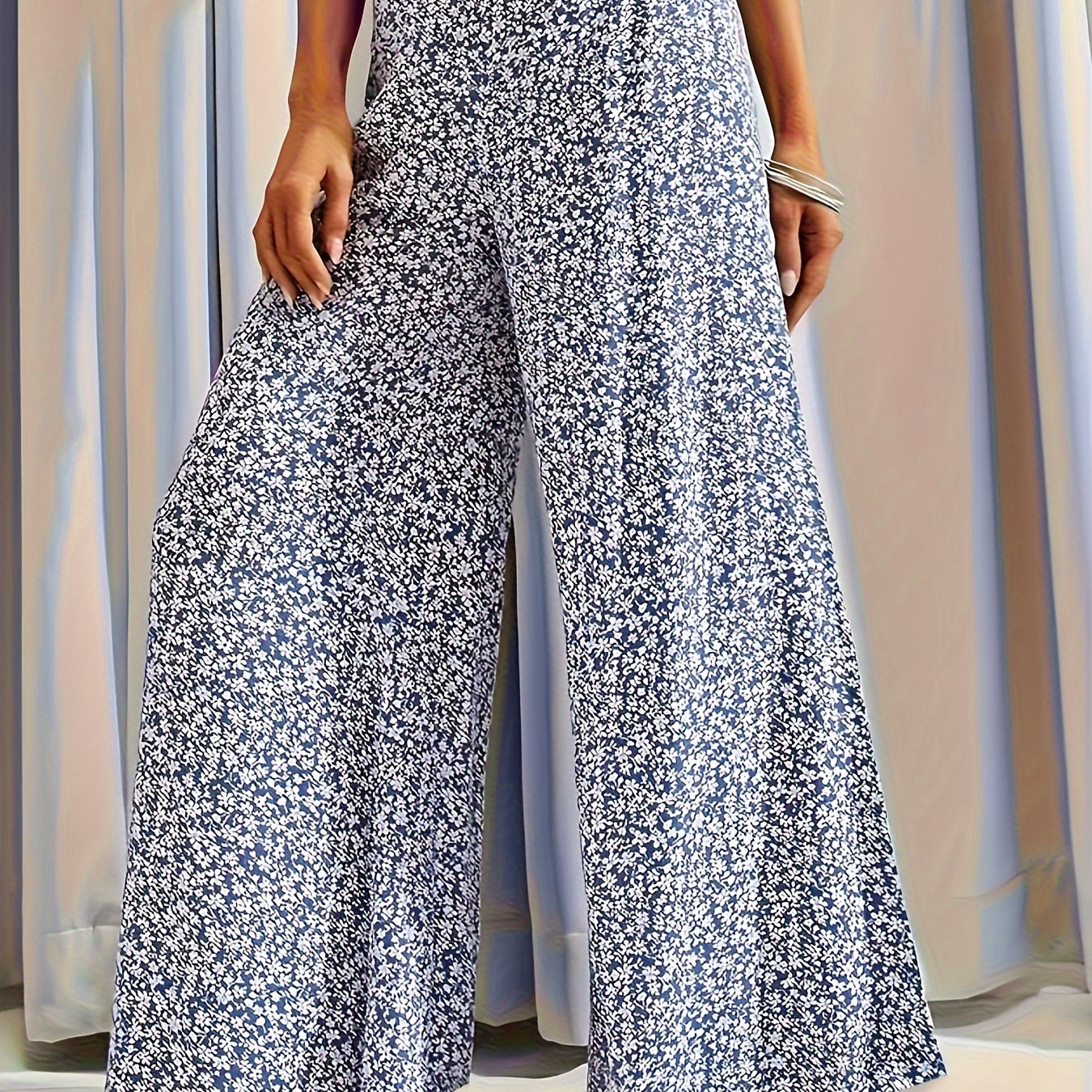 

Plus Size All Over Print Wide Leg Pants, Casual Elastic Waist Pants For Spring & Summer, Women's Plus Size Clothing